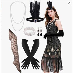 1920s Gatsby Flapper Dress XL w Accessories Set Black Gold Silver Sequin Fringe